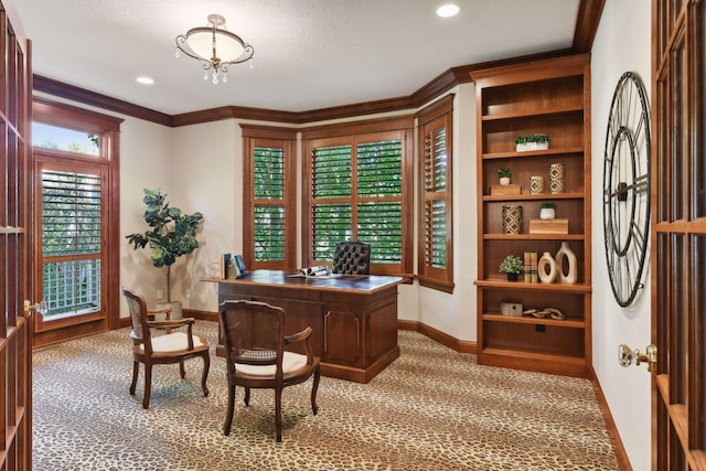 carpeted office space featuring crown molding and a textured ceiling