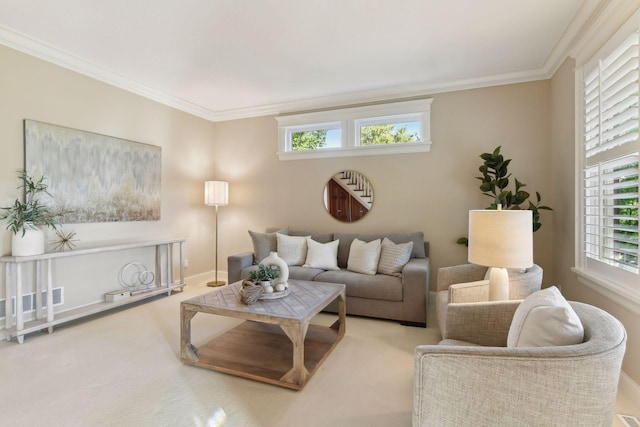 carpeted living room featuring crown molding