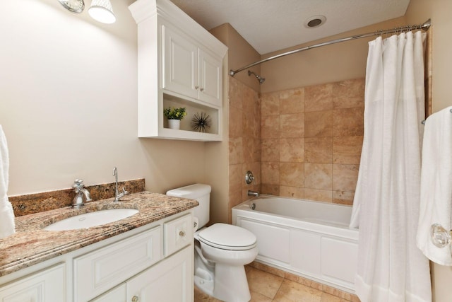 full bathroom featuring toilet, shower / bath combo, and vanity