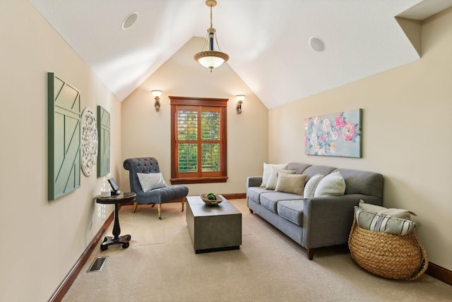 living room with light carpet and lofted ceiling