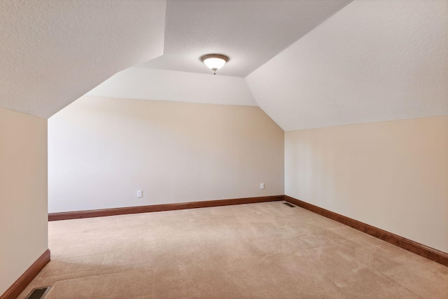 additional living space featuring lofted ceiling, light carpet, and a textured ceiling