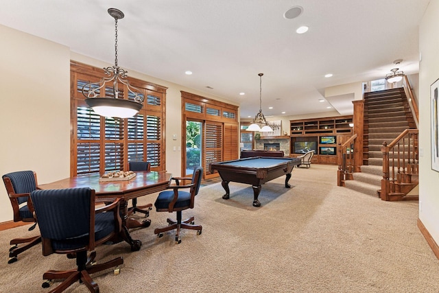 game room with carpet flooring and billiards