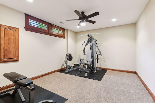 workout area featuring ceiling fan and carpet flooring