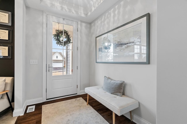 entryway featuring dark hardwood / wood-style floors and a tray ceiling