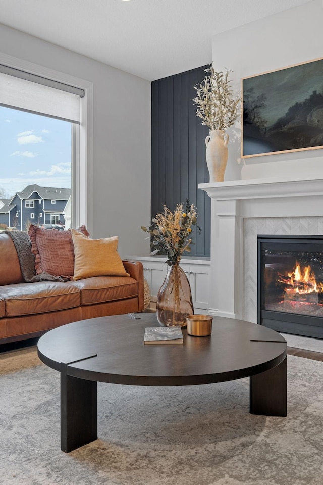 living room with a fireplace