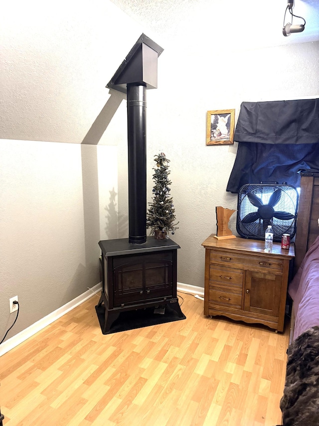 details featuring hardwood / wood-style flooring and a wood stove