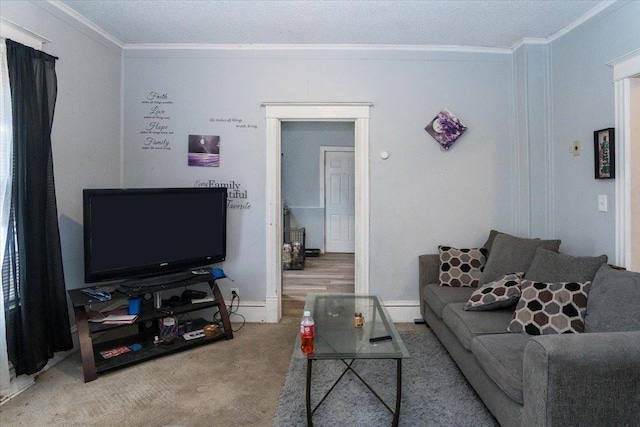 living room with carpet flooring, ornamental molding, and baseboard heating