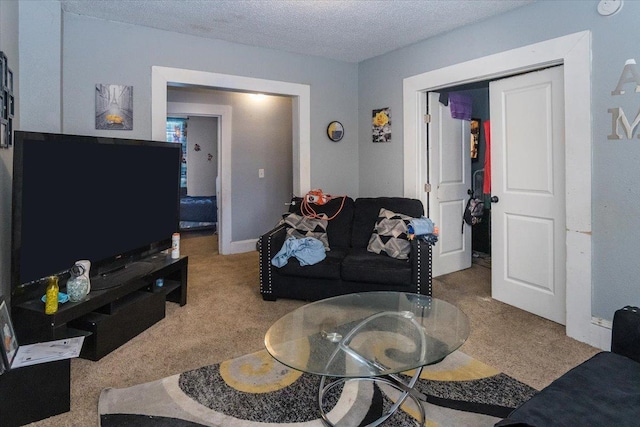 carpeted living room with a textured ceiling