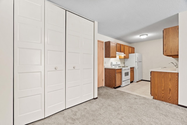 kitchen featuring sink, light carpet, white appliances, and a textured ceiling