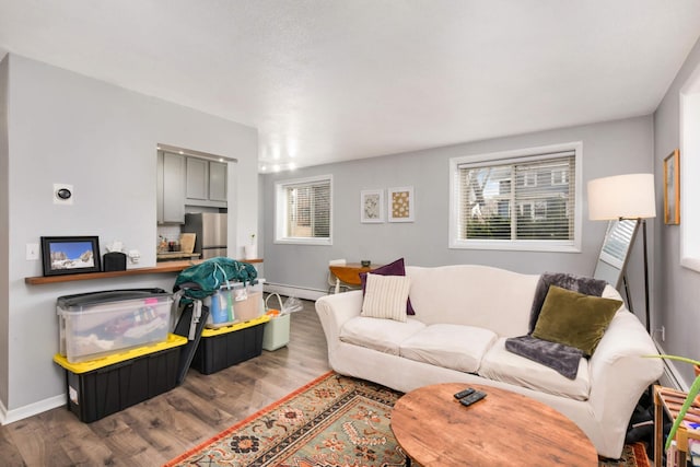 living room featuring hardwood / wood-style floors, a baseboard radiator, and a healthy amount of sunlight