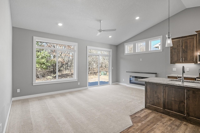 kitchen featuring plenty of natural light, dark brown cabinetry, sink, and vaulted ceiling