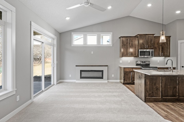 kitchen featuring appliances with stainless steel finishes, dark brown cabinetry, hanging light fixtures, and sink