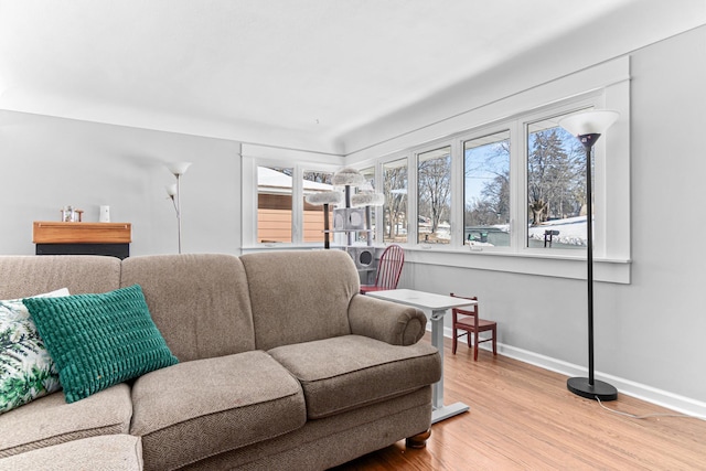 living area with baseboards and wood finished floors