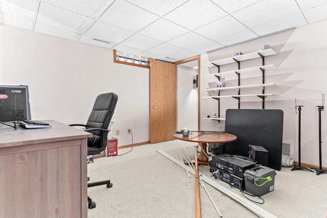 home office featuring visible vents, carpet, baseboards, and a paneled ceiling