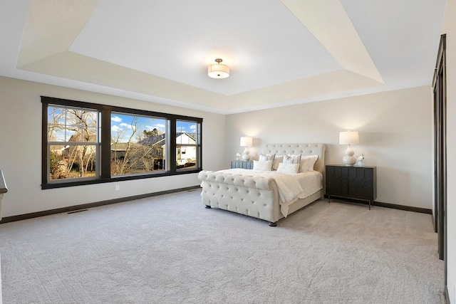 carpeted bedroom with a raised ceiling