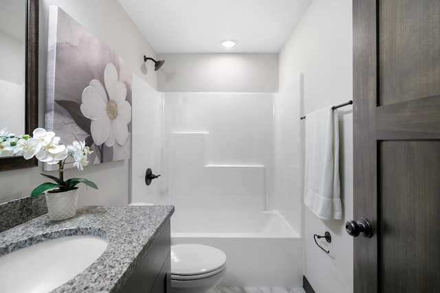 full bathroom with vanity,  shower combination, and toilet