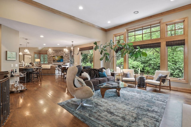 living room with an inviting chandelier, hardwood / wood-style floors, and ornamental molding