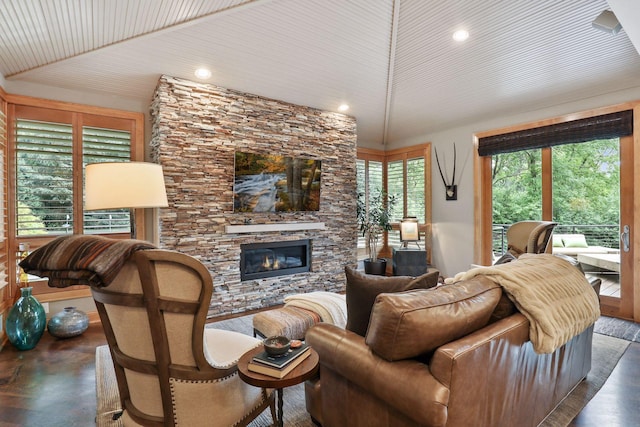 living room with a fireplace and dark hardwood / wood-style flooring