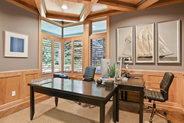 office area with beamed ceiling, ornamental molding, and coffered ceiling