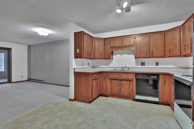 kitchen featuring a baseboard heating unit, light colored carpet, white range with electric cooktop, black dishwasher, and sink