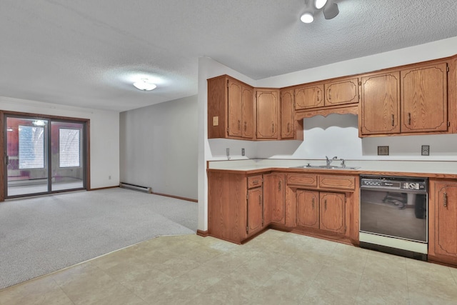 kitchen with baseboard heating, dishwasher, light carpet, a textured ceiling, and sink