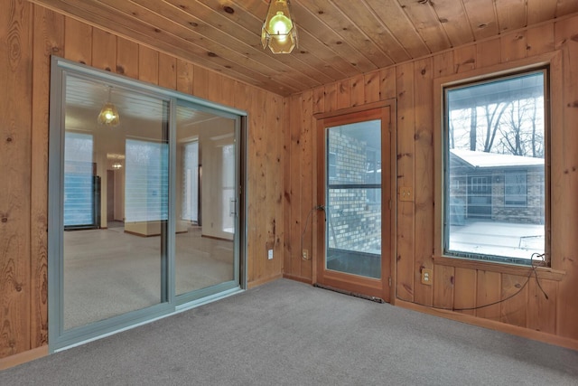 doorway featuring wooden ceiling, wood walls, and carpet