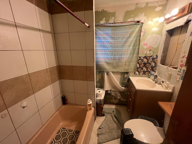 full bathroom with shower / bathing tub combination, vanity, and toilet