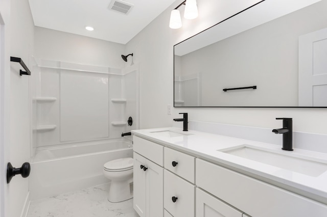 full bathroom featuring toilet, vanity, and bathing tub / shower combination