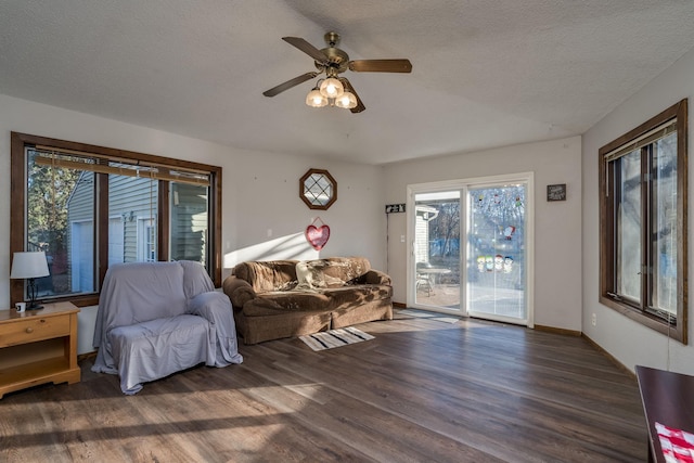 living room featuring ceiling fan, dark hardwood / wood-style flooring, and a textured ceiling