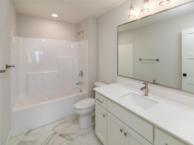 full bathroom with vanity, toilet, and washtub / shower combination