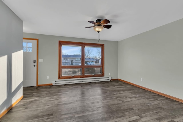 unfurnished living room featuring dark hardwood / wood-style flooring, baseboard heating, and ceiling fan