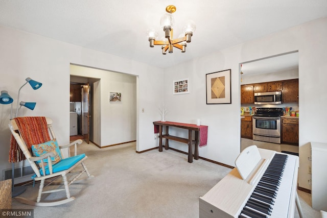 living area with an inviting chandelier, washer / dryer, and light colored carpet