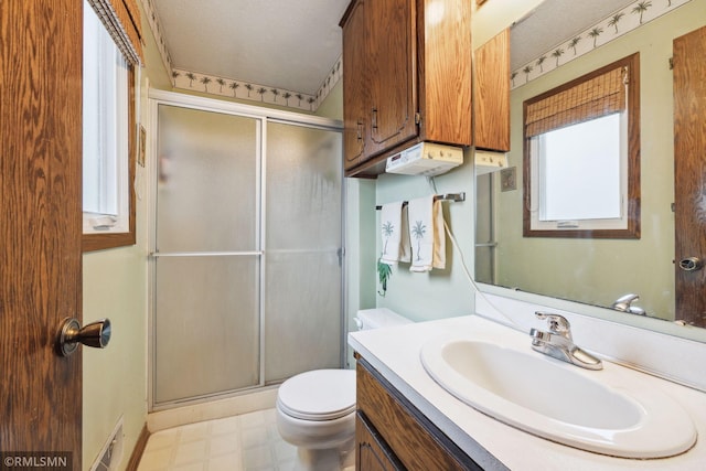 bathroom with vanity, toilet, and walk in shower