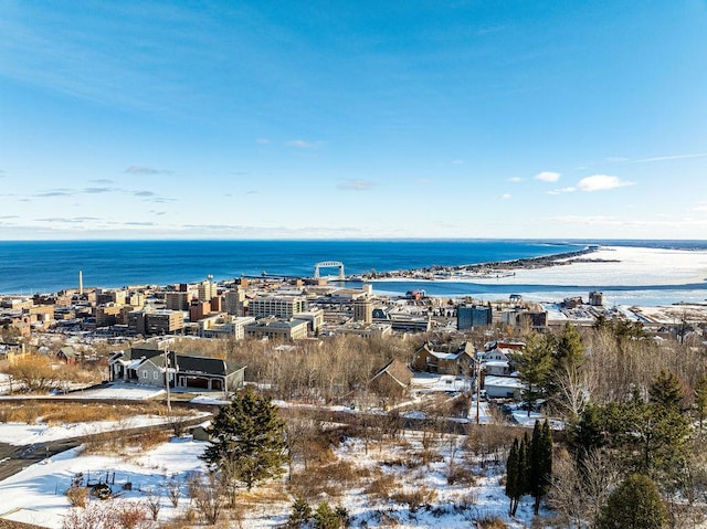 bird's eye view featuring a water view and a beach view