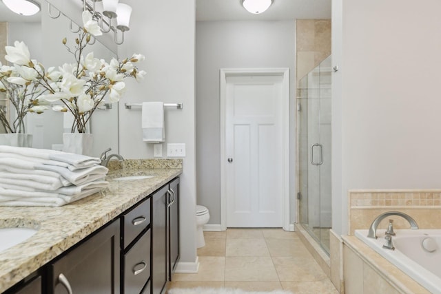 full bathroom with toilet, tile patterned floors, separate shower and tub, and vanity