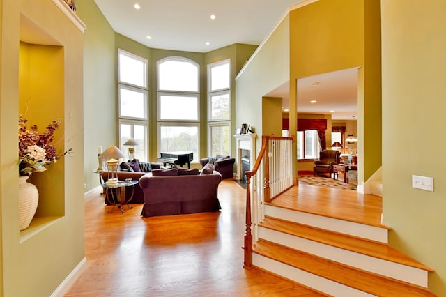 living room featuring a high ceiling and light wood-type flooring