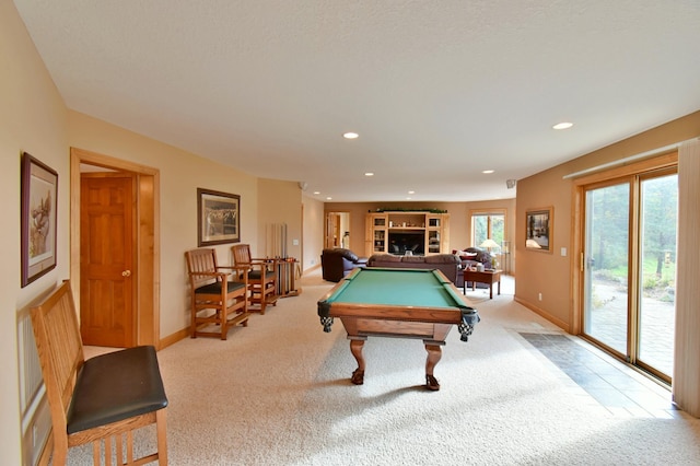 playroom featuring light carpet and pool table