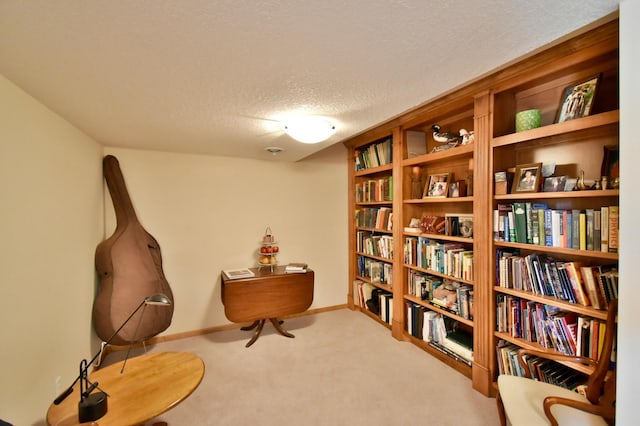 living area with a textured ceiling and light colored carpet