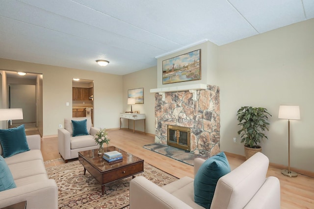 living room with a fireplace and hardwood / wood-style floors