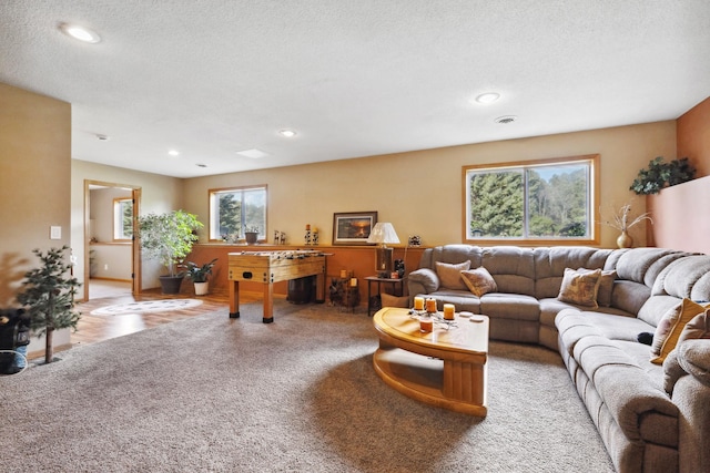 living room with light carpet and a textured ceiling