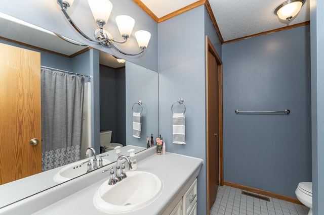 bathroom featuring visible vents, baseboards, toilet, ornamental molding, and vanity