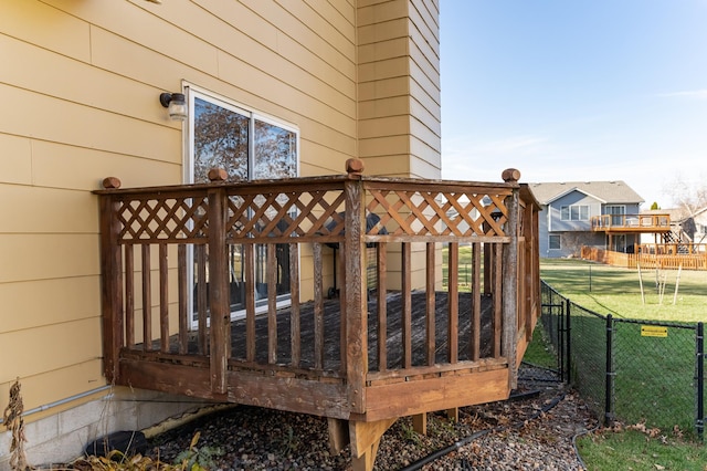 deck featuring fence and a yard