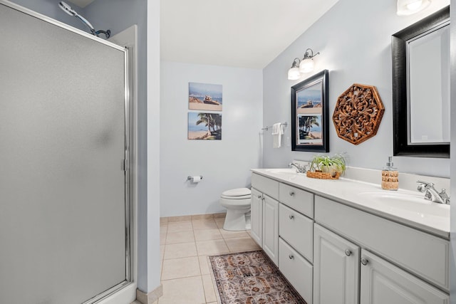 bathroom featuring an enclosed shower, vanity, toilet, and tile patterned flooring