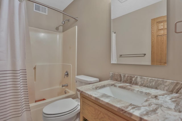 full bathroom featuring shower / bathtub combination with curtain, vanity, and toilet