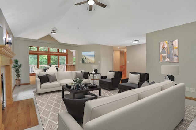 living room with vaulted ceiling and ceiling fan