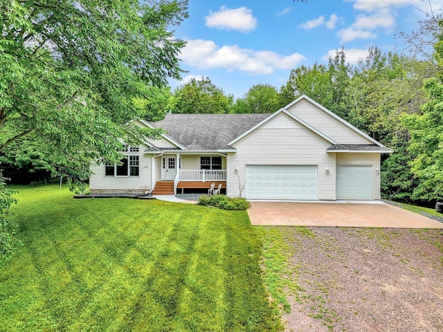 ranch-style home with a porch, a garage, and a front yard