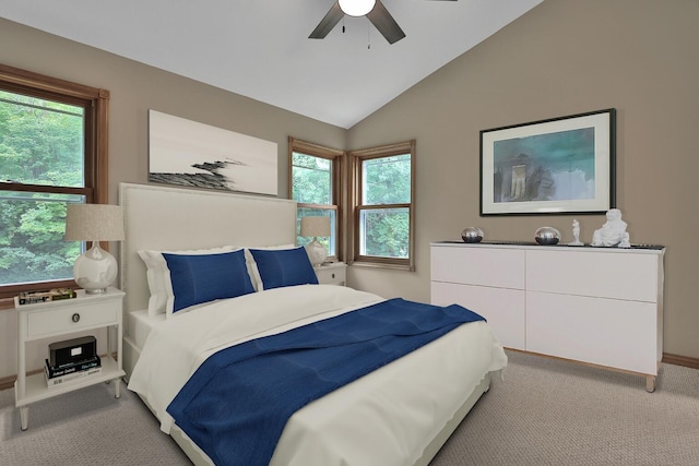 carpeted bedroom featuring ceiling fan and lofted ceiling