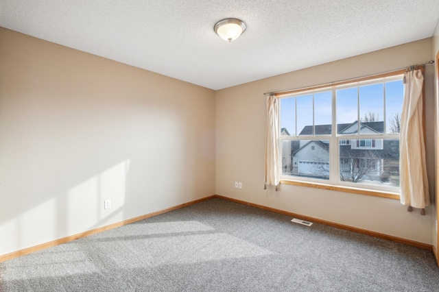 unfurnished room with carpet and a textured ceiling