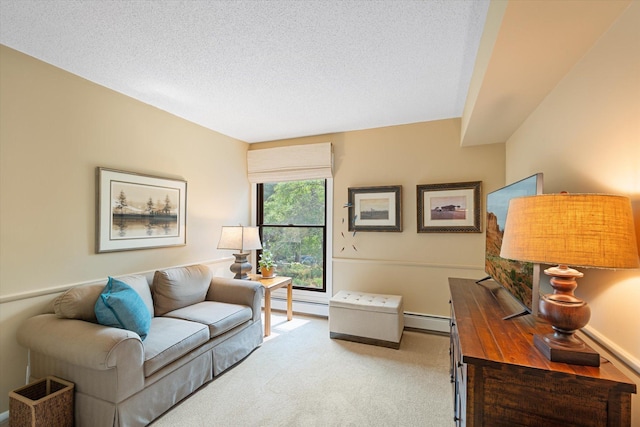 living room with a textured ceiling, light colored carpet, and a baseboard heating unit