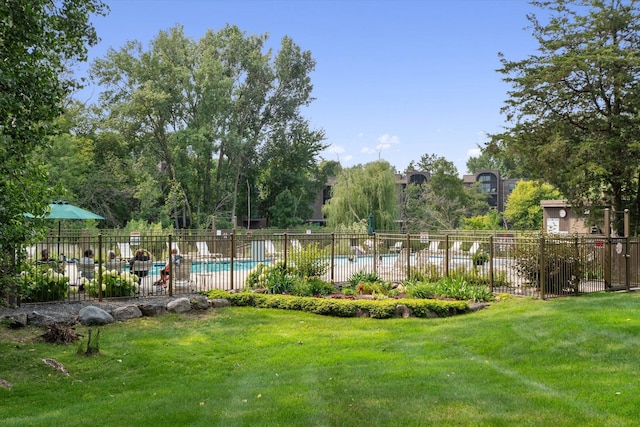 view of property's community with a pool and a yard